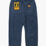 Blue pinstripe pants with two patches on a white background