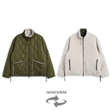 Two jackets, one green and one beige, with a reversible label on a white background.