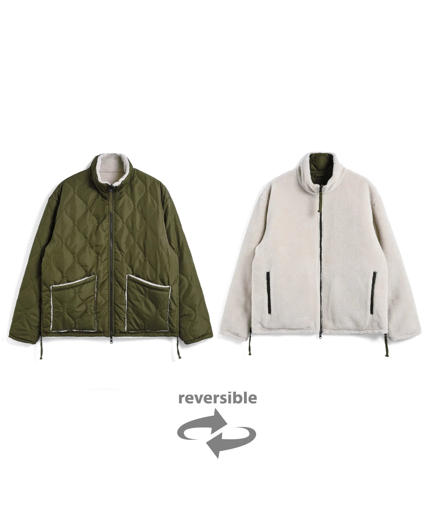 Two jackets, one green and one beige, with a reversible label on a white background.
