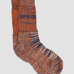 Pair of Orange and blue striped socks on a light gray background