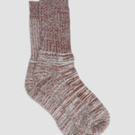 Pair of marled brown socks on a light gray background