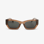 Sunglasses with brown frame and dark lenses on a white background