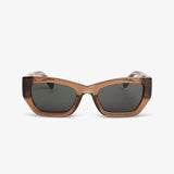 Sunglasses with brown frame and dark lenses on a white background