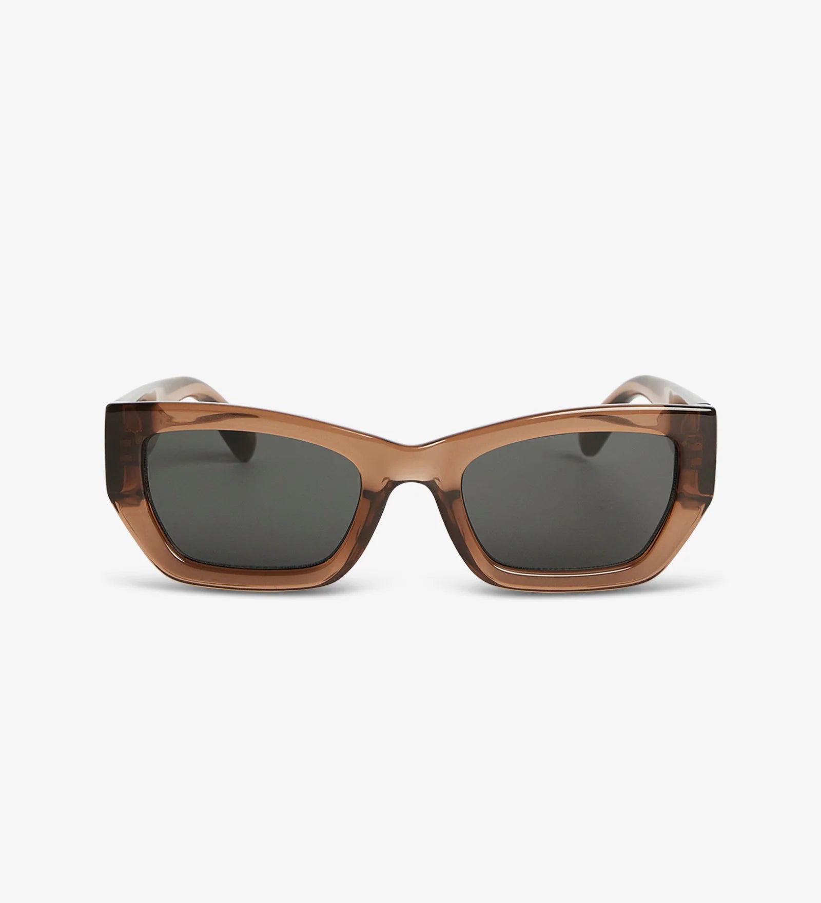 Sunglasses with brown frame and dark lenses on a white background