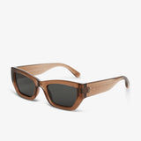Sunglasses with brown frame and dark lenses on a white background