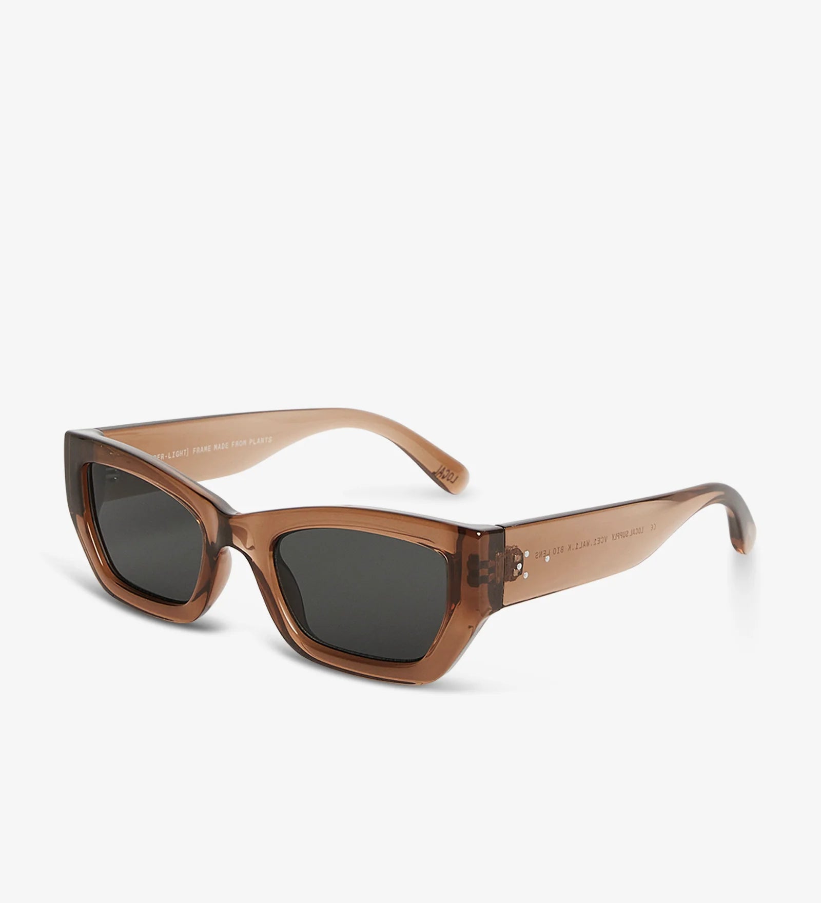 Sunglasses with brown frame and dark lenses on a white background