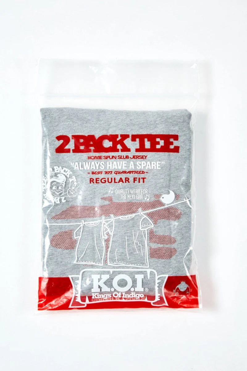 Gray t-shirt packaging with red text and graphics on a white background