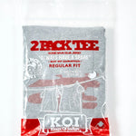 Gray t-shirt packaging with red text and graphics on a white background
