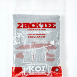 Gray t-shirt packaging with red text and graphics on a white background