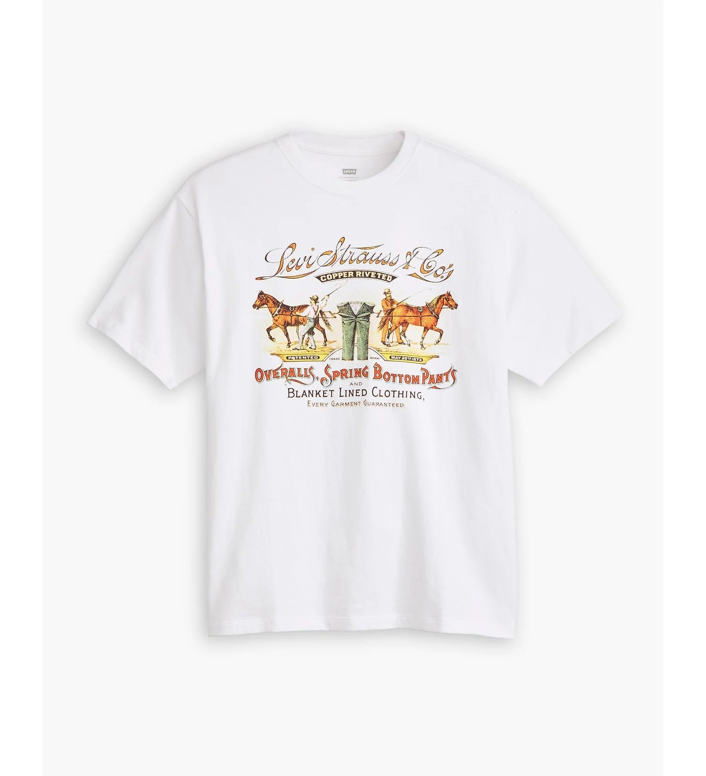 A white short-sleeve crewneck t-shirt featuring a vintage-style graphic print on the front with the text 'Levi's & Co' and illustrations of horses