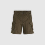 A pair of olive green cargo shorts with side flap pockets, shown flat against a light gray background.