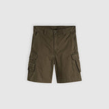 A pair of olive green cargo shorts with side flap pockets, shown flat against a light gray background.