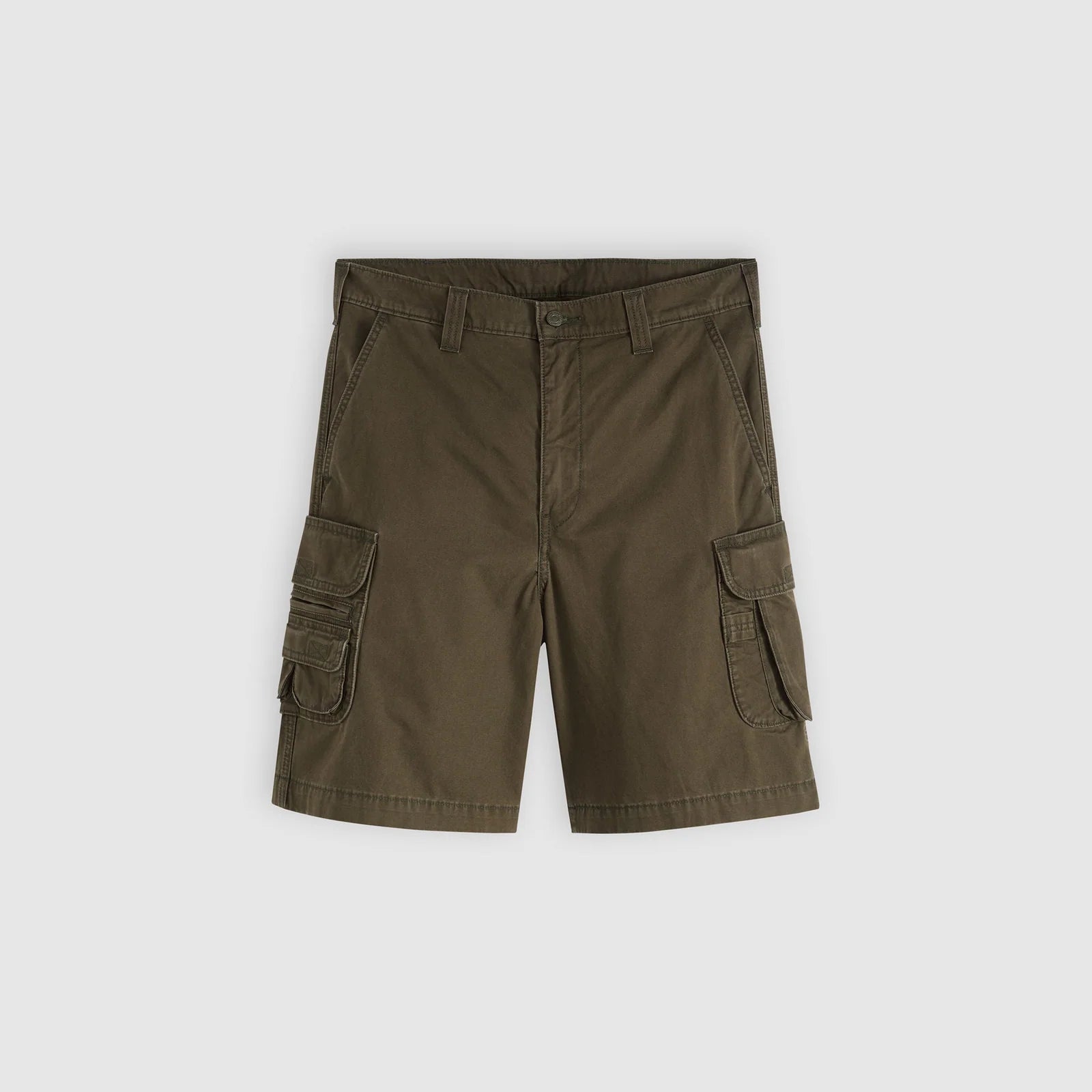 A pair of olive green cargo shorts with side flap pockets, shown flat against a light gray background.