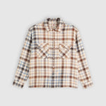 A long-sleeve plaid button-up shirt in beige, brown, and blue tones, laid flat against a light gray background.