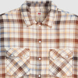 A close-up of a Levi's men's long-sleeve plaid button-down shirt. The fabric features a warm beige base with brown, black, and light blue plaid lines.