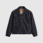 Dark denim jacket on a light gray background