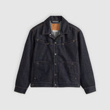 Dark denim jacket on a light gray background