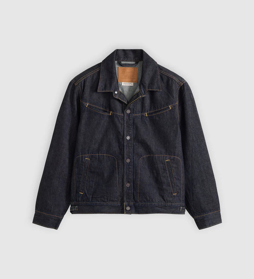 Dark denim jacket on a light gray background