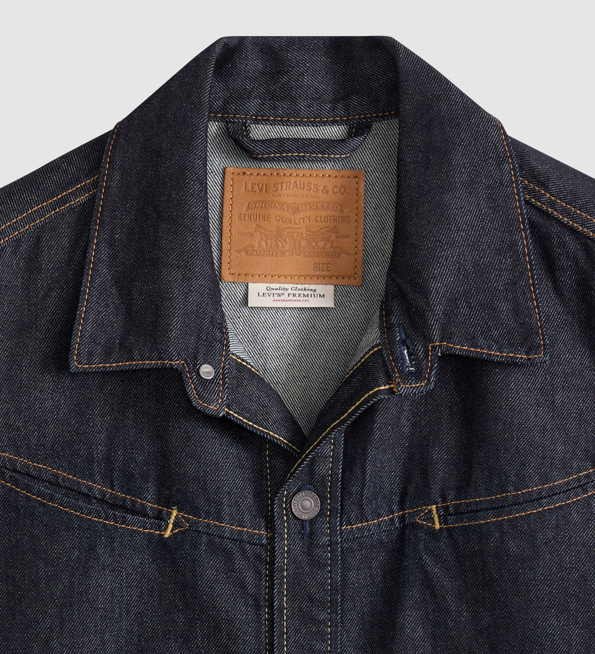 Close-up of a Levi's denim jacket collar with brand label.
