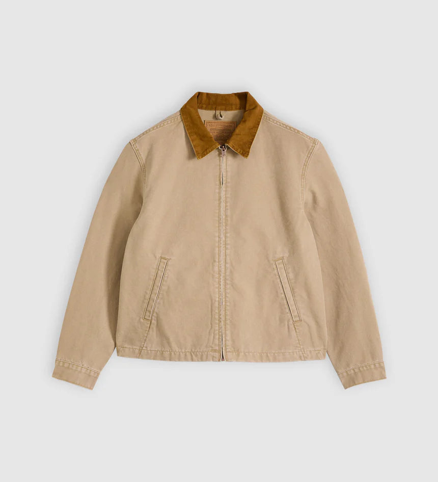 Beige jacket with brown collar on a light gray background