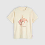 Beige t-shirt with a graphic of a person on a horse on a light gray background