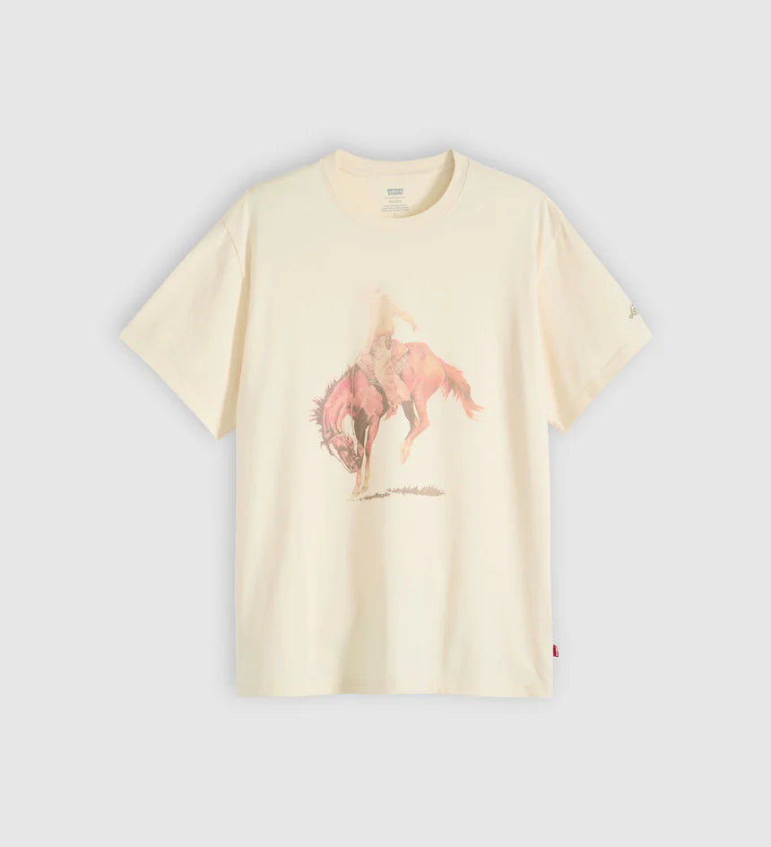 Beige t-shirt with a graphic of a person on a horse on a light gray background