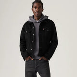 Man wearing a black denim jacket over a gray hoodie on a plain background