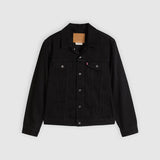 Black denim jacket on a light gray background