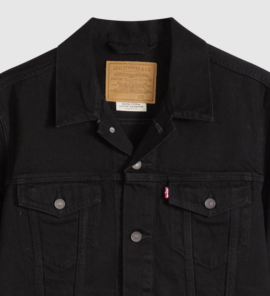 Black Levi's jacket with brand logo on a light gray background