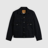 A black denim trucker jacket with a button-up front, two front flap pockets, and a classic collar, displayed flat against a light gray background.
