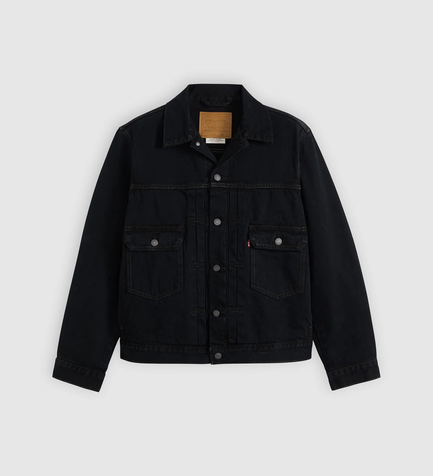 A black denim trucker jacket with a button-up front, two front flap pockets, and a classic collar, displayed flat against a light gray background.