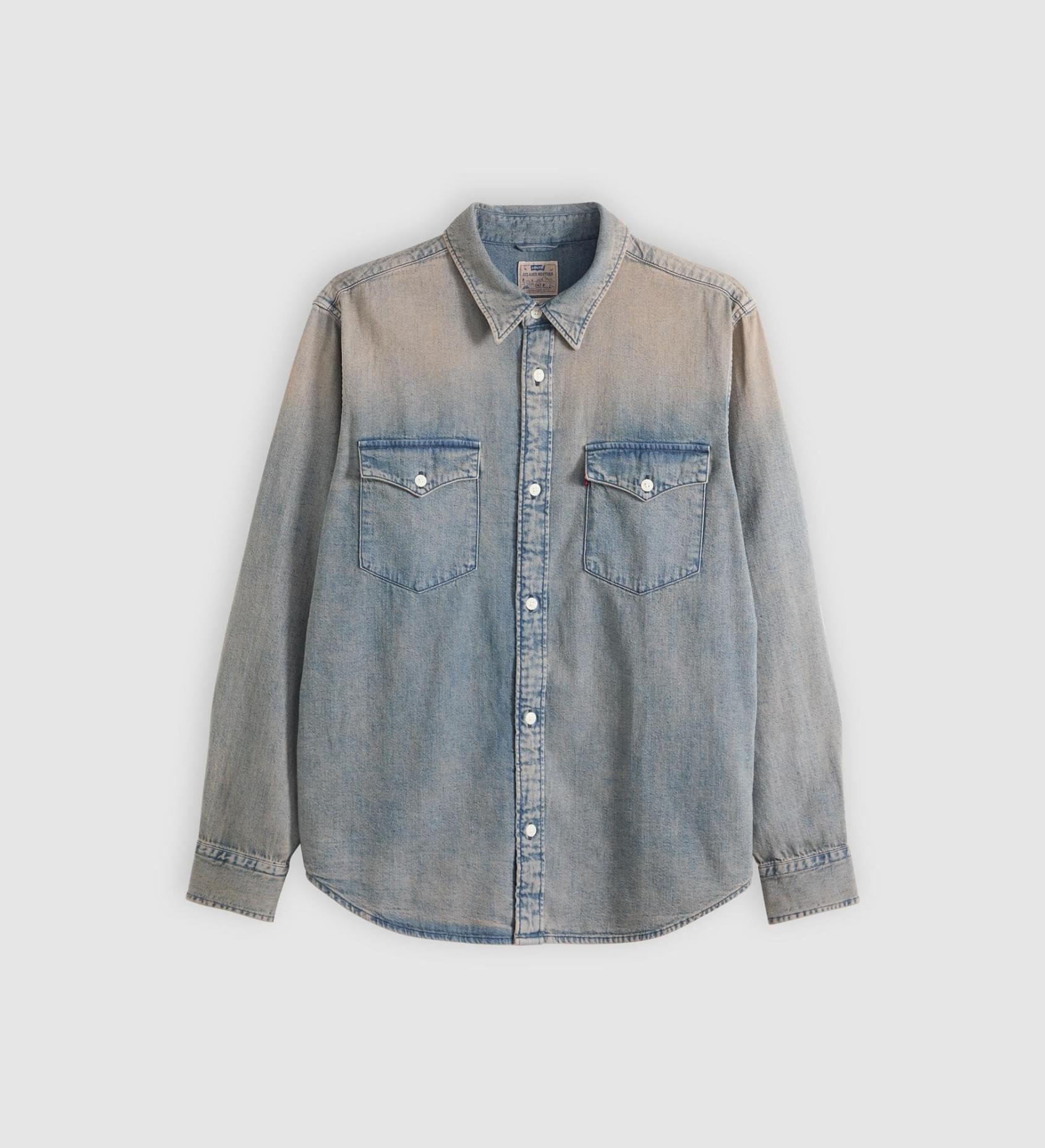 Denim shirt with gradient effect on a light gray background