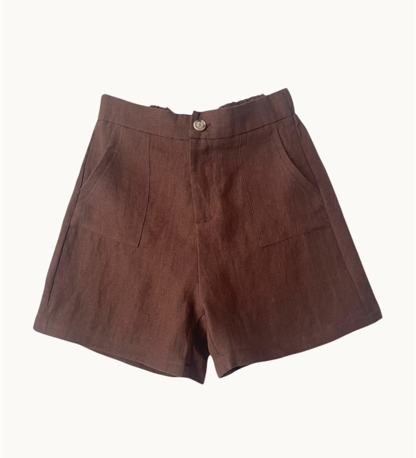 Little Lies chocolate brown linen shorts on a white background