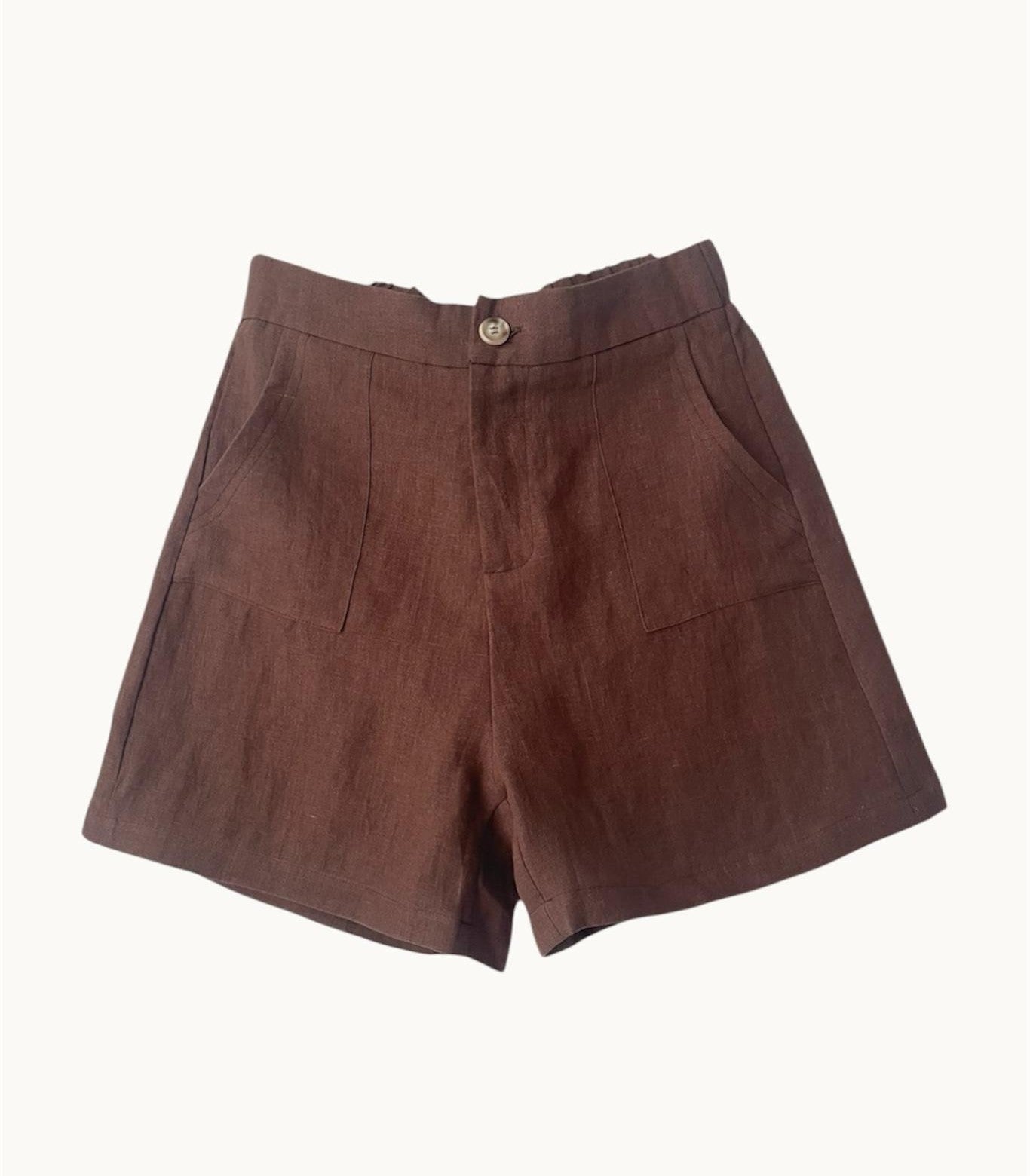 Little Lies chocolate brown linen shorts on a white background