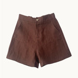 Little Lies chocolate brown linen shorts on a white background