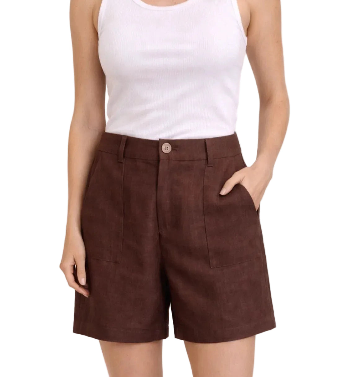 Brown shorts worn by a person on a white background