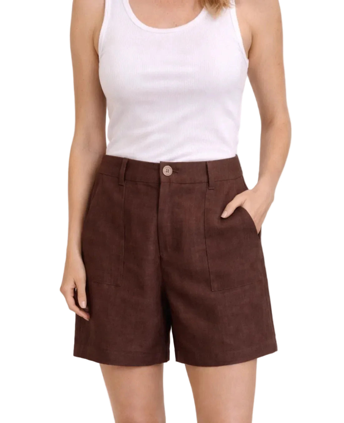 Brown shorts worn by a person on a white background