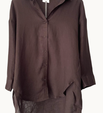 Little Lies chocolate brown linen shirt on a white background