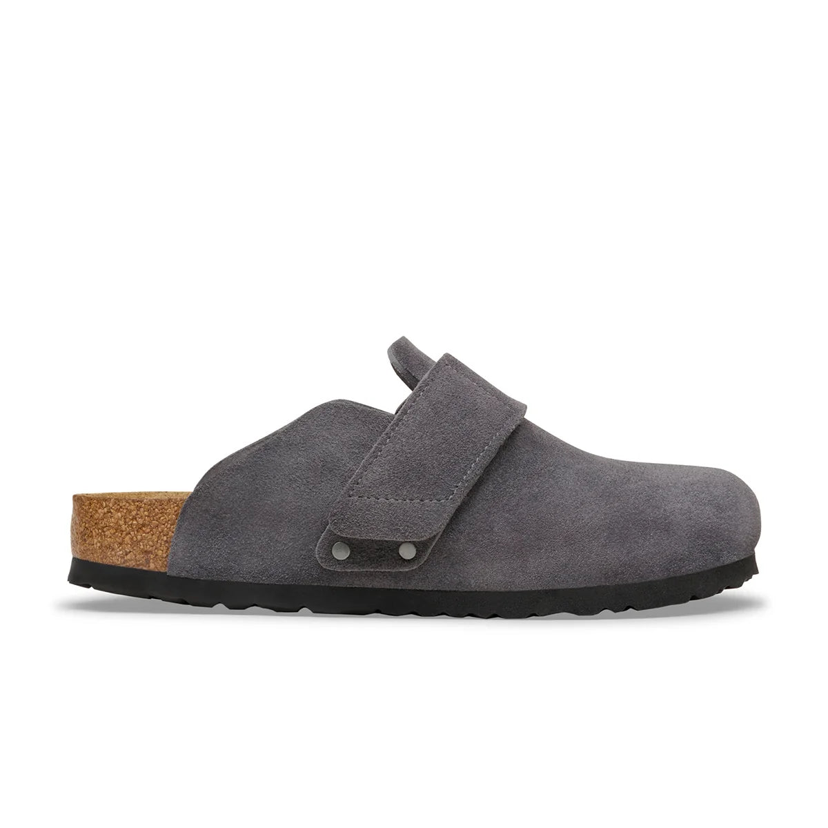 A single gray suede clog shoe with a hook-and-loop strap, a cork midsole, and a black outsole, shown in profile against a white background.