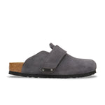 A single gray suede clog shoe with a hook-and-loop strap, a cork midsole, and a black outsole, shown in profile against a white background.