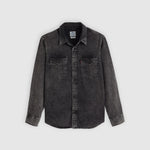 Black denim shirt on a light gray background