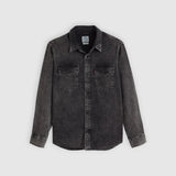Black denim shirt on a light gray background