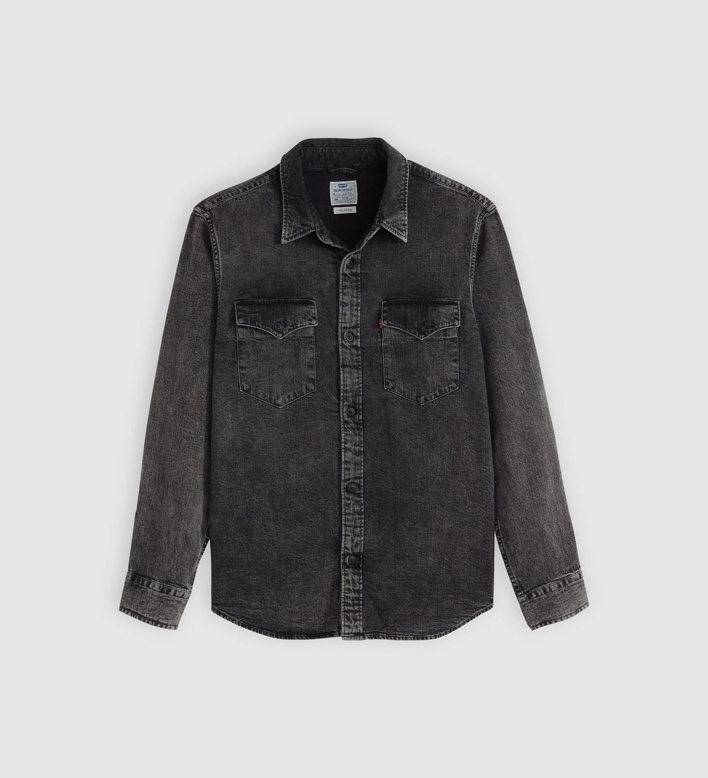 Black denim shirt on a light gray background