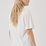 Person wearing a white t-shirt on a plain background