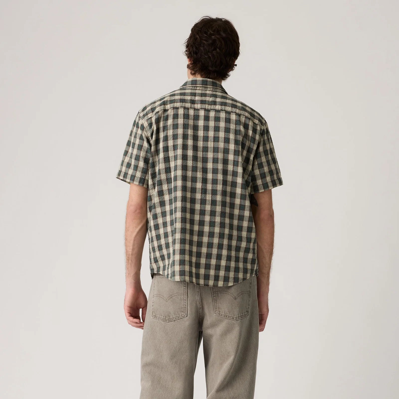 Man wearing a green and beige checkered shirt on a plain background