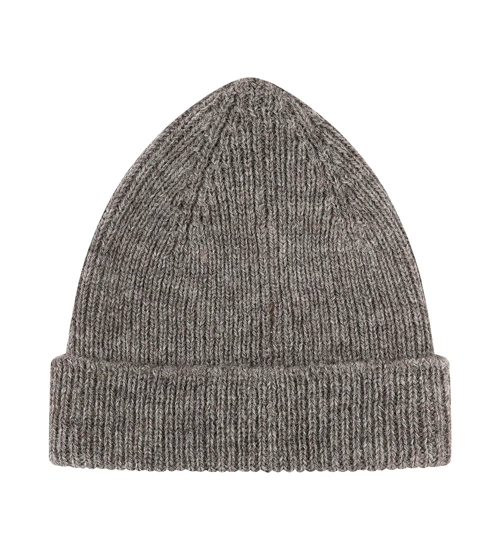Gray knit beanie on a white background