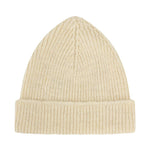 Beige knit beanie on a white background