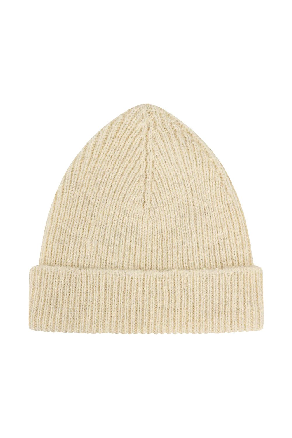 Beige knit beanie on a white background